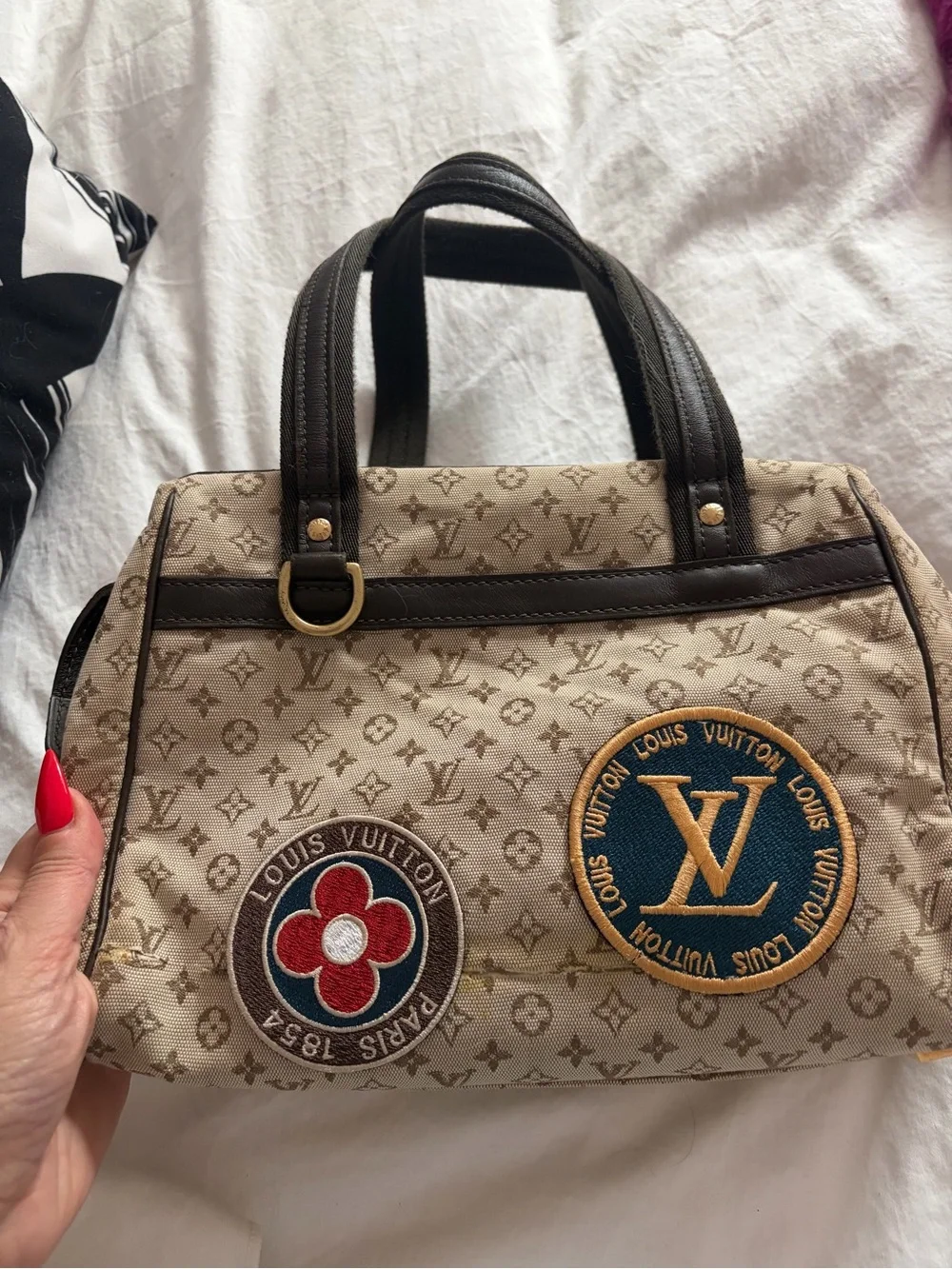 Louis Vuitton mini Beige Monogram bowler with Dark Brown Trim and Patch Details